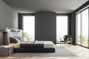 Fototapeta na wymiar Luxury gray bedroom interior, side view