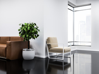 White office waiting room, sofa and armchair