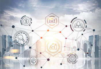Business network icons over gray cityscape