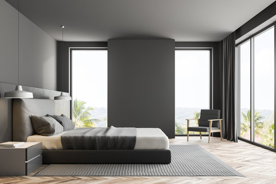 Luxury gray bedroom interior, side view