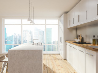 White loft kitchen interior, bar with stools