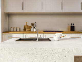 White kitchen interior, stone island