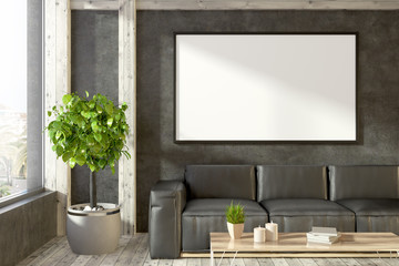 Leather sofa in black living room, banner