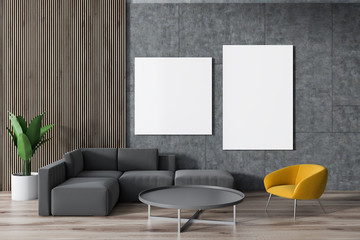 Gray sofa, yellow armchair living room, posters