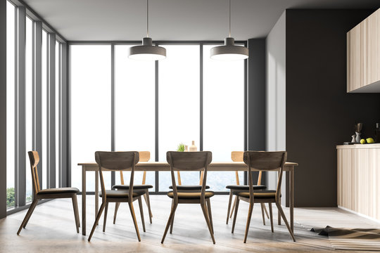 Gray panoramic dining room and kitchen interior