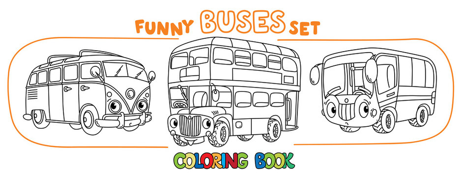 Funny small retro bus with eyes. Coloring book set