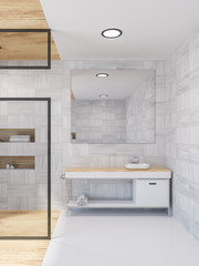 White wood bathroom interior, sink and shower