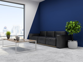 White blue office waiting room, black sofa, tree
