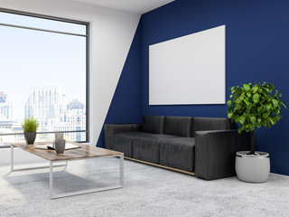 White blue office waiting room, black sofa, poster