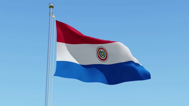 3d flag of Paraguay waving in the wind against blue sky. Three dimensional rendering animation.
