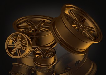 Gold car wheels on a black
