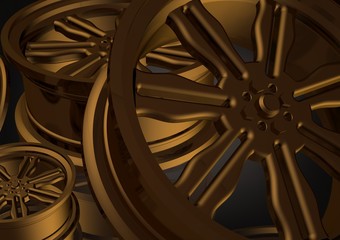 Gold car wheels on a black