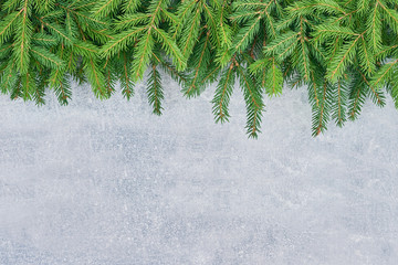 Christmas background. Christmas fir tree branches on gray background with copy space. Top view.