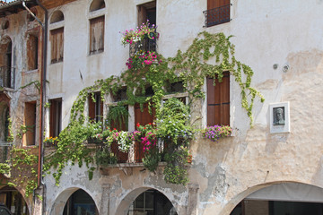 Fototapeta na wymiar antica facciata con rampicante e fiori sulla Piazza degli Scacchi a Marostica