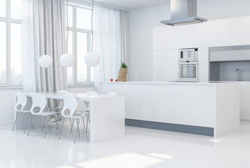 Fototapeta na wymiar Moderne weiße Küche mit Kücheninsel