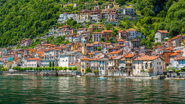 Colonno, colorful village overlooking Lake Como, Lombardy, Italy.