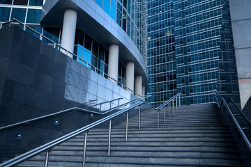 Fototapeta premium Stairs in Moscow city international business center skyscrapers at sunset