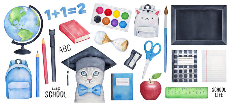 Big "Back to School" collection with smart kitten character, different stationery, tools, bag, symbols, black board, paintbox, copybooks. Hand drawn watercolour painting, clip art elements for design.