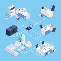 Isometric concept of local network in office.