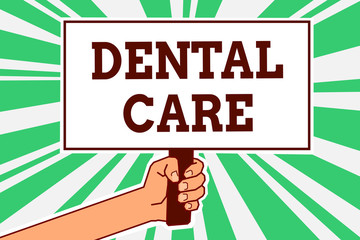 Writing note showing Dental Care. Business photo showcasing maintenance of healthy teeth or to keep it clean for future Man hand holding poster important protest message green ray background.