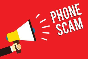 Word writing text Phone Scam. Business concept for getting unwanted calls to promote products or service Telesales Man holding megaphone loudspeaker red background message speaking loud. - obrazy, fototapety, plakaty