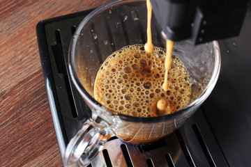 coffee glass espresso coffee machine wooden background