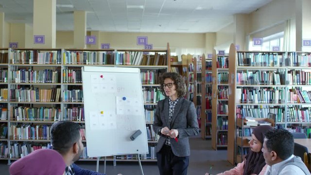 Tilt down of Caucasian female teacher showing paper card with English word to group of middle eastern migrants at lesson in language school