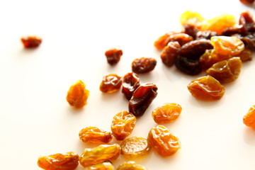 Raisins background / A raisin is a dried grape. Raisins are produced in many regions of the world and may be eaten raw or used in cooking, baking, and brewing.
