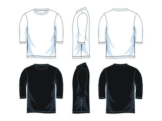 Three quarter length sleeve shirts, front look side and back, black and white.