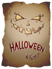 Vector Halloween illustration with pumpkin face and hand drawn lettering on old torn paper background. 