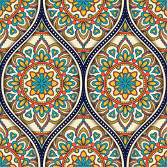 Seamless pattern with ethnic mandala ornament. Hand drawn vector illustration