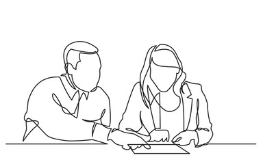 continuous line drawing of man instructing woman on work place