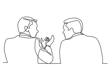 continuous line drawing of two men talking - obrazy, fototapety, plakaty