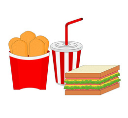 Isolated tasty fast food lunch menu with chicken nuggets , sandwich and drink