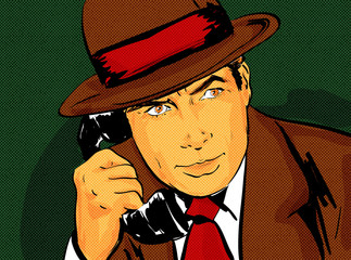 pop art homme chapeau vintage années 50 téléphone, détective,comics - 218441034