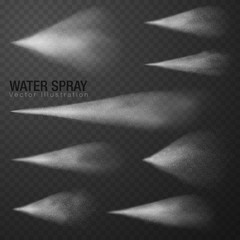 Airy water spray mist effect white smoke dust vector illustration on dark transparent background