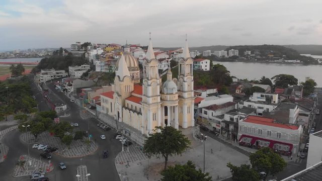 Bird's eye viewfrom cathedral near the sea and river. Ilheus, bahia, brazil