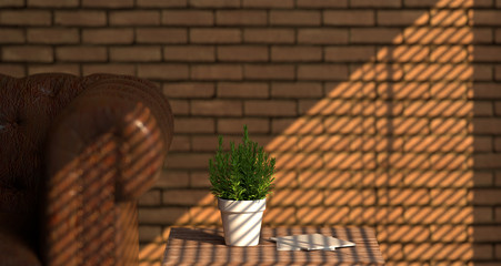 Comfortable corner with morning sun in living room wall brick with leather sofa,wood table and vase, 3d rendering  interior design  loft-style