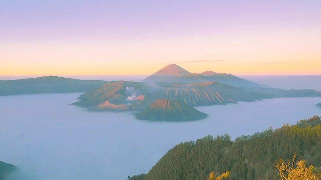 Misty sunrise view of Bromo-Tengger-Semeru National Park timelapse clip, Indonesia