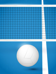 Volleyball ball on blue playground with white line and net