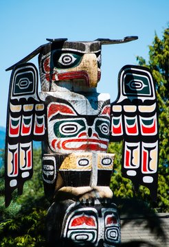 Eagle totem pole close up in New Westminster park, Vancouver, Canada, close up