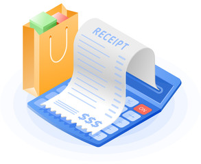 The accountant calculator, paper bill payment, shopping bag. Flat vector isometric illustration. The web store, shopping, buying and paying, payment calculation, purchase invoice business concept.