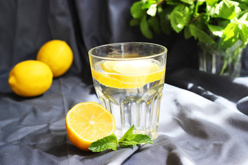 Water with lemon and mint in a glass on a beautiful background.