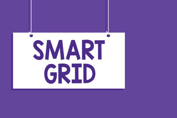 Conceptual hand writing showing Smart Grid. Business photo showcasing includes of operational and energy measures including meters Hanging board message open close sign purple background.