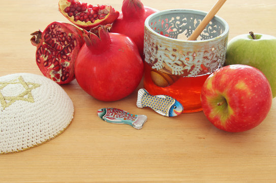 Rosh hashanah (jewish New Year holiday) concept. Traditional symbols.