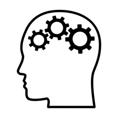 Gears / cogs in head representing critical thinking and intelligent problem solving skills line art vector icon for apps and websites