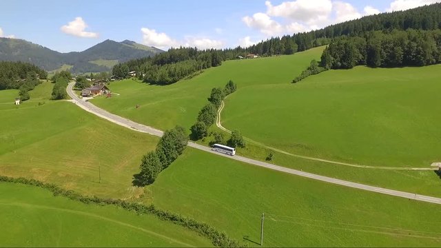 Aerial View on Coach Bus at Krispl Adnet Gaissau near Salzburg Austria by Drone