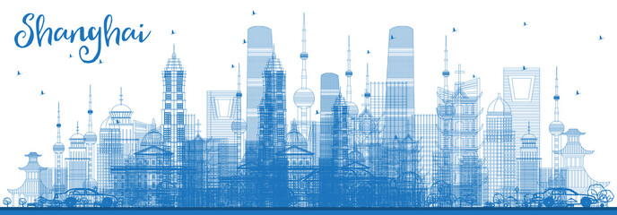 Fototapeta na wymiar Outline Shanghai Skyline with Blue Buildings.