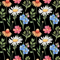 Seamless pattern with wild summer flowers - camomile, cornflower, forget-me-not, cosmos and greenery, watercolour raster illustration on black background. Seamless watercolor pattern with wild flowers