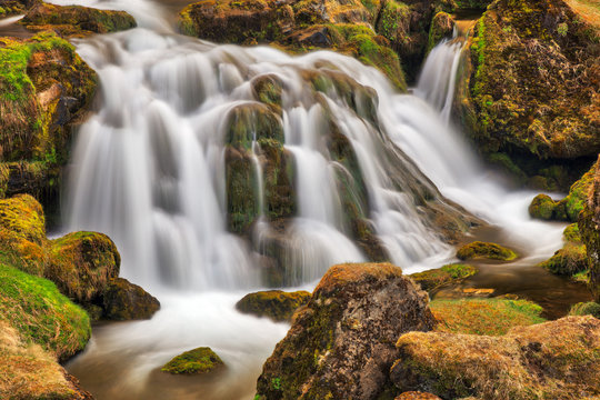 Long exposure water cascades near Bjarnarhofn in the Western Region of Iceland.